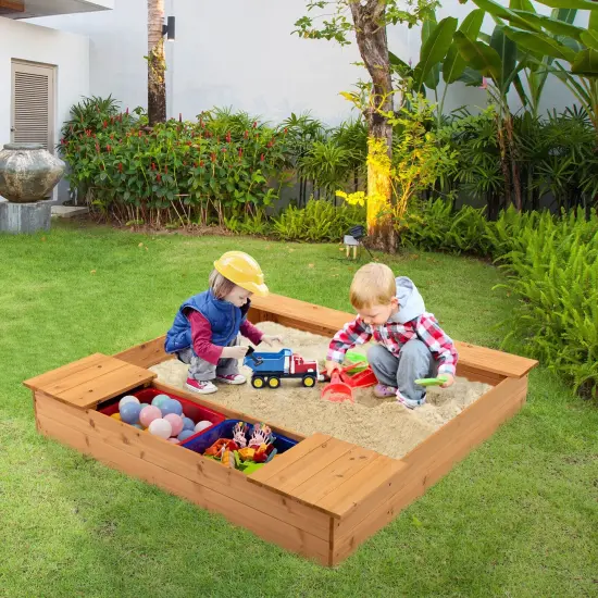 Kids Wooden Sandbox with Bench Seats and Storage Boxes {2}