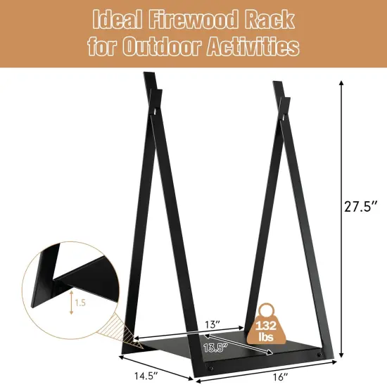 Triangle Firewood Rack with Raised Base for Fireplace Fire Pit-Black {4}