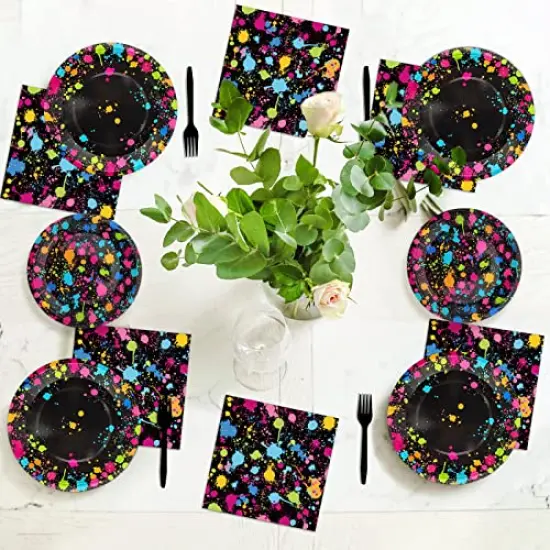 96&nbsp;Pieces Party Supplies for 24 Guests Glow Party Plates Napkins Tableware Neon Glow Birthday Colorful Graffiti Party Decoration Favor， {5}