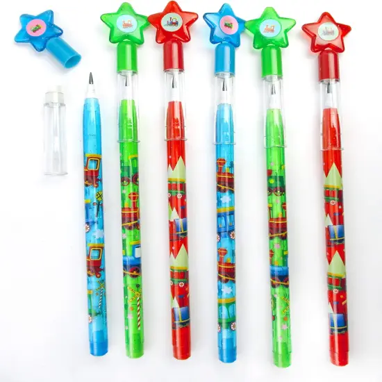 TINYMILLS 24 Pcs Train Multi Point Stackable Push Pencil Assortment with Eraser {2}