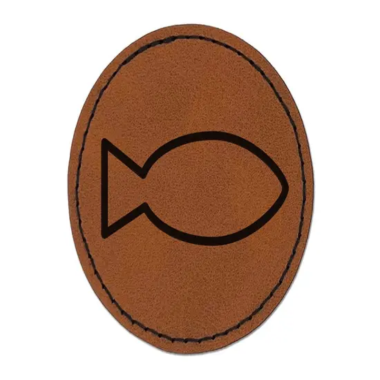 Fish Outline Round Iron-On Engraved Faux Leather Patch Applique - 2.5" Brown {1}