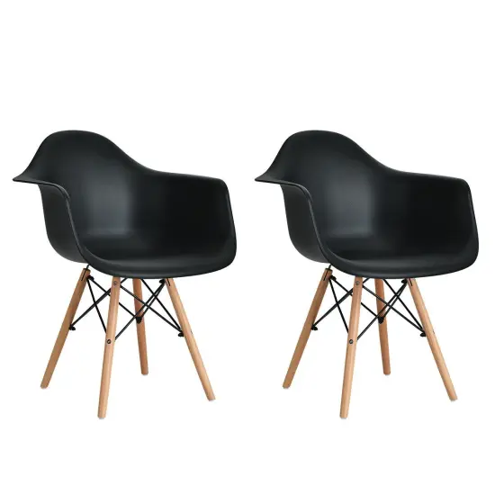 Set of 2 Mid-Century Dining Arm Chairs with Wood Legs Black {1}