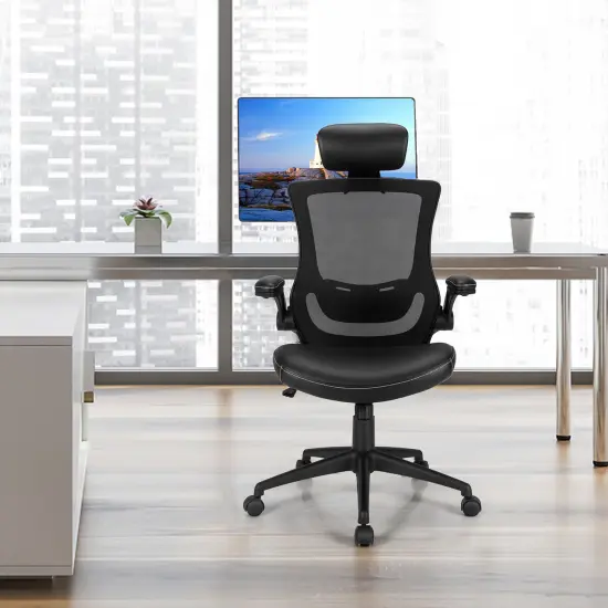 Costway Mesh Back Adjustable Swivel Office Chair w/ Flip up Arms Leather Seat {3}