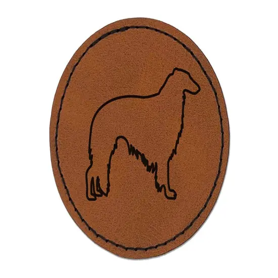 Borzoi Russian Wolfhound Dog Outline Round Iron-On Engraved Faux Leather Patch Applique - 2.5" Brown {1}