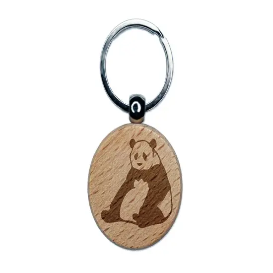 Giant Panda Bear Sitting Engraved Wood Round Keychain Tag Charm {1}