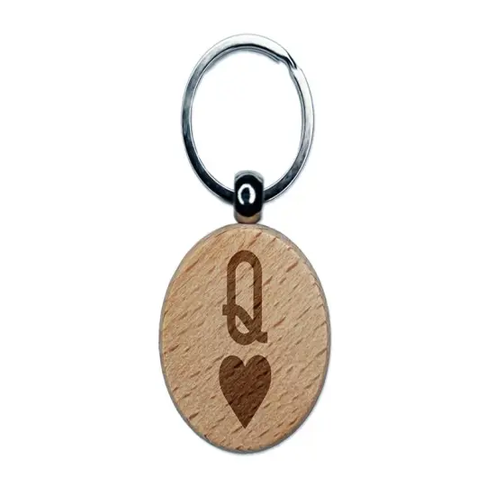 Queen of Hearts Card Suit Engraved Wood Round Keychain Tag Charm {1}