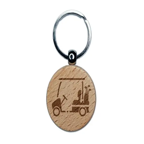 Golf Cart Caddy with Clubs Engraved Wood Round Keychain Tag Charm {1}
