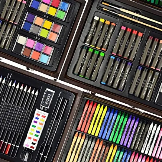 145 Piece Deluxe Art Set, Wooden Box & Drawing Kit with Crayons, Oil Pastels, Colored Pencils, Watercolor Cakes, Sketch Pencils, Paint Brush, Sharpener, Eraser, Color Chart (Cherry) {6}