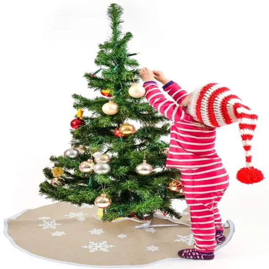 48 In Christmas Tree Skirt Countryside Burlap Tree Skirt White Snowflake Printed Xmas New Year Holiday Decorations Indoor Outdoor {4}