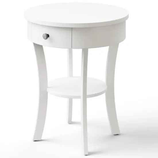 2-Tier Wood Round End Table with Open Drawer White {3}