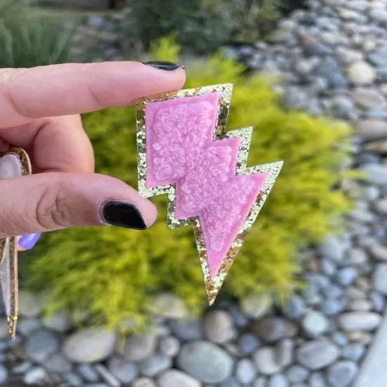 Pink Lightening Bolt Glitter Chenille Patch (iron on) {1}