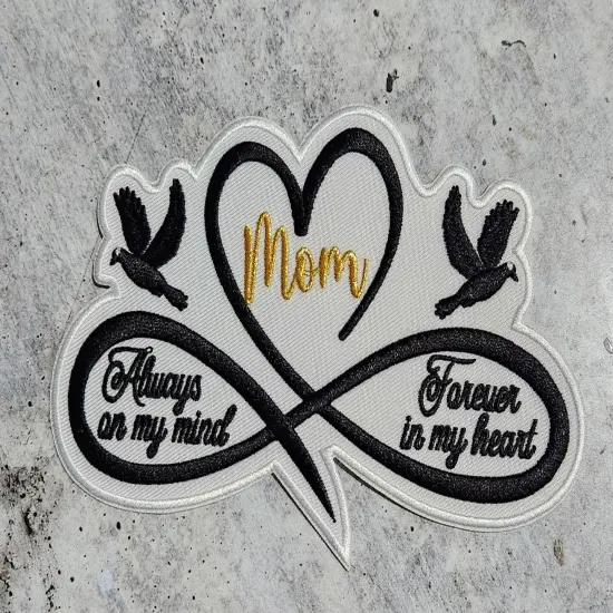 Memorial Infinity Collection: Patch Party Club, "MOM" Eternal Remembrance 1-pc, Iron-On Embroidered Patch, Sz 6", Tribute Honoring Loved One {1}