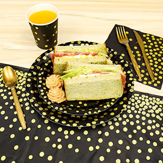 176 Pieces Gold Disposable Party Dinnerware Set &Golden Dot Disposable Party Dinnerware - Black Paper Plates Napkins Cups, Gold Plastic Forks Knives Spoons {5}
