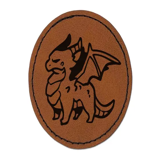 Grumpy Little Winged Dragon Round Iron-On Engraved Faux Leather Patch Applique - 2.5" Brown {1}