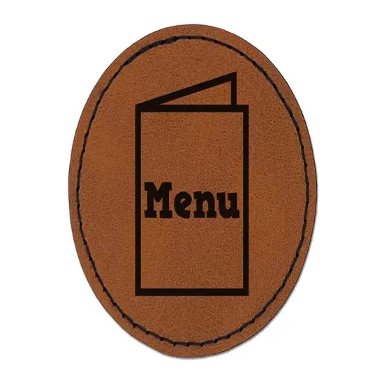 Restaurant Takeout Menu Food Round Iron-On Engraved Faux Leather Patch Applique - 2.5" Brown {1}