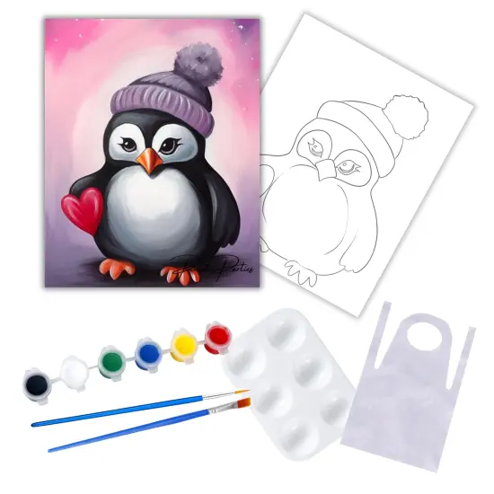 "Heart Penguin" DIY Canvas Art Kit, Adult Beginner, Acrylic Paint Size 11x14 inch {1}