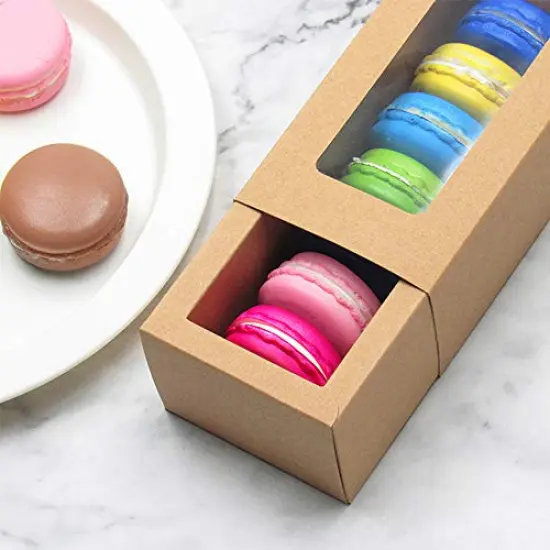 15 Pack Brown Kraft Macaron Boxes with Clear Display Window,Small Macaron Container Bakery Packaging Box for Truffles Desserts Mini Cupcake Muffins Cookies(6-7 Cavities,8" x 2.8" x 2") {4}