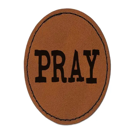 Pray Fun Text Round Iron-On Engraved Faux Leather Patch Applique - 2.5" Brown {1}