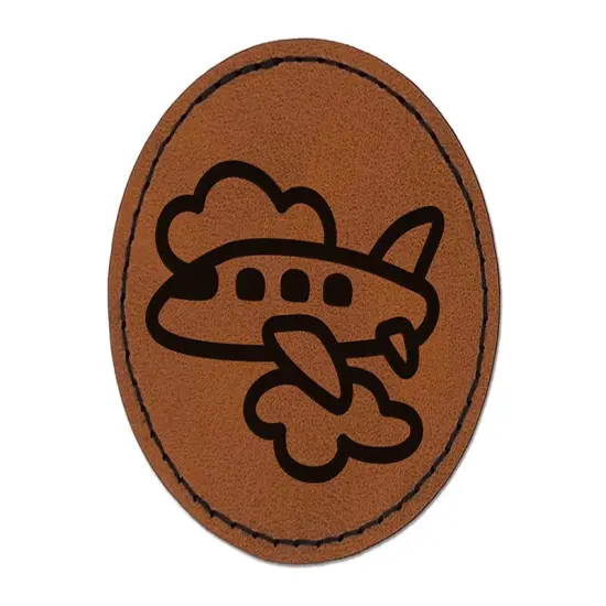 Airplane Flying Through Clouds Travel Trip Round Iron-On Engraved Faux Leather Patch Applique - 2.5" Brown {1}
