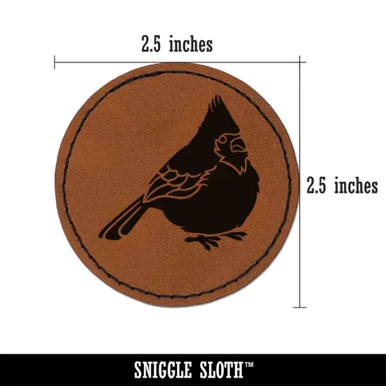 Puffy Cardinal Bird Round Iron-On Engraved Faux Leather Patch Applique - 2.5" Brown {3}