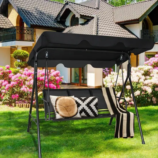 3 Person Patio Swing with Polyester Angle Adjustable Canopy Black {2}