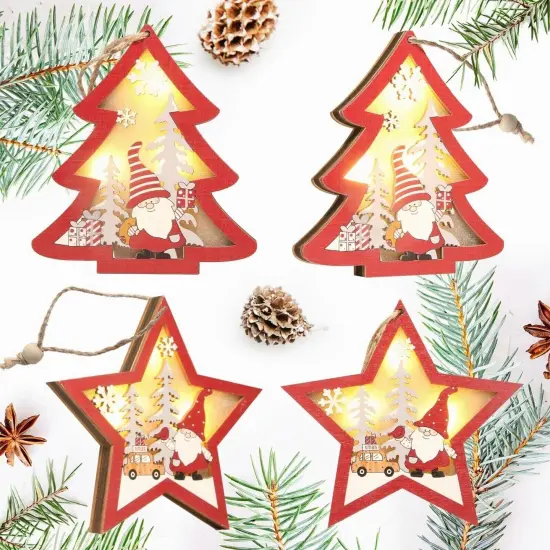 4 Luminous Wooden Christmas Tree Ornaments {1}
