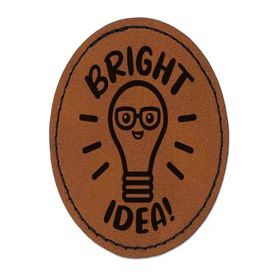 Light Bulb Bright Idea Teacher School Round Iron-On Engraved Faux Leather Patch Applique - 2.5" Brown {1}
