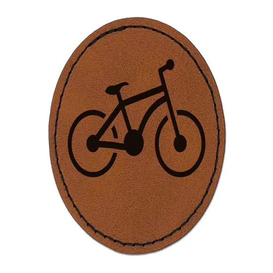 Mountain Bike Bicycle Cyclist Cycling Round Iron-On Engraved Faux Leather Patch Applique - 2.5" Brown {1}