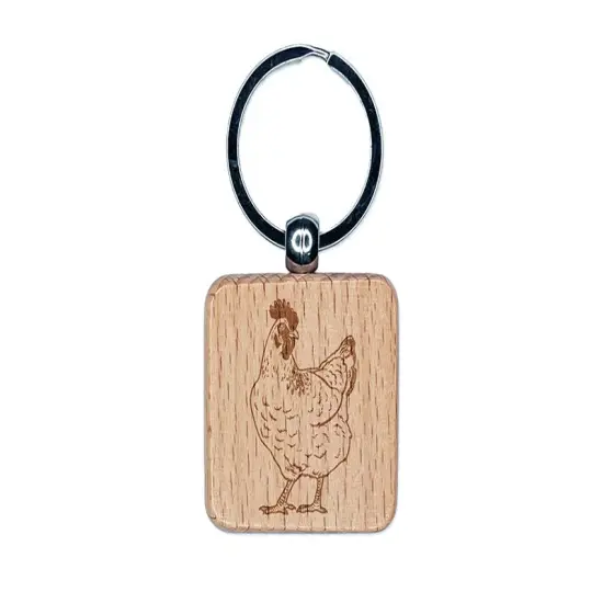 Curious Hen Chicken Engraved Wood Square Keychain Tag Charm {1}