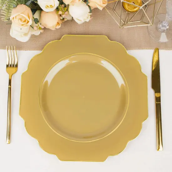 10 Pcs 12" Disposable Baroque Plastic Dinner Plates with Gold Rim {1}