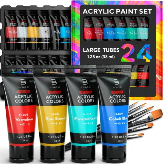 24 Colors Premium Quality Acrylic Paint Set- 1.28oz (38ml) - with 6 Nylon Brushes - Safe for Kids & Adults - Perfect Kit for Beginners, Pros & Artists to Create Amazing Paintings and Artwork {2}