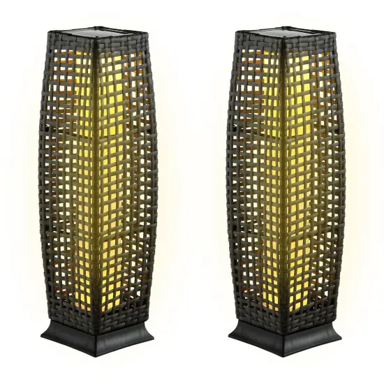 2 Pieces Solar-Powered Square Wicker Floor Lamps with Auto LED Light Black {3}