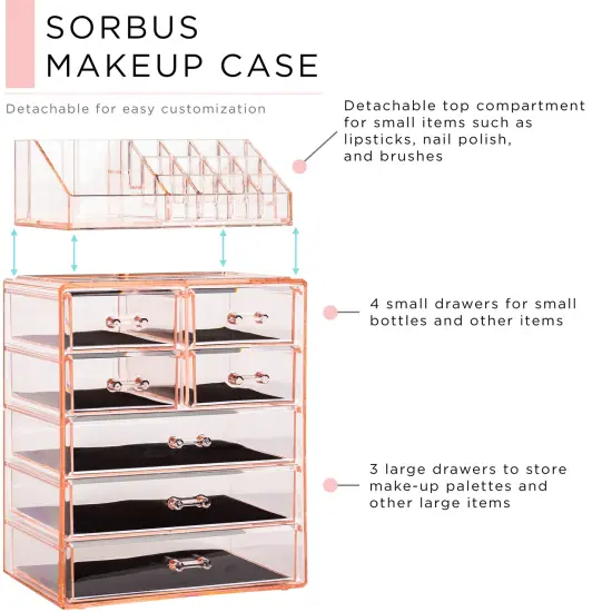 Sorbus Medium Makeup Organizer Set - (3 Large / 4 Small Drawers/Top Tray) {3}
