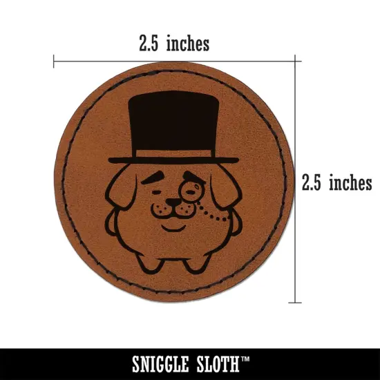 Weird Fancy Gentleman Dog Pup Top Hat Monocle Round Iron-On Engraved Faux Leather Patch Applique - 2.5" Brown {2}