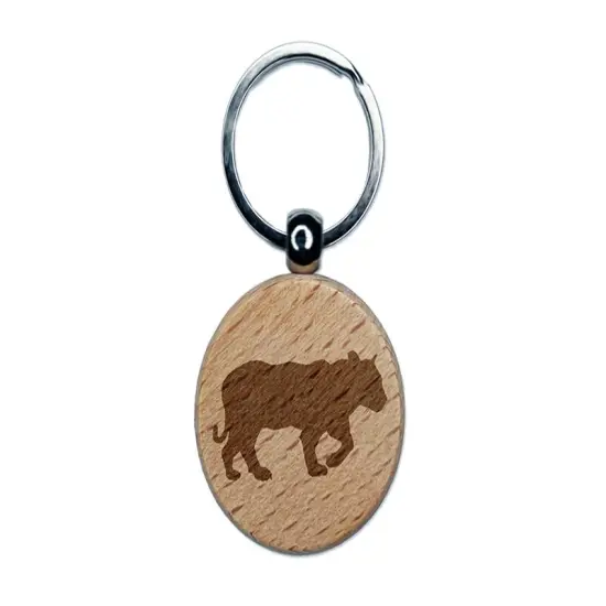 Tiger Walking Solid Engraved Wood Round Keychain Tag Charm {1}