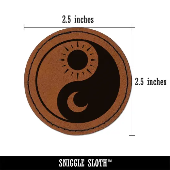 Sun Moon Yin Yang Night Day Round Iron-On Engraved Faux Leather Patch Applique - 2.5" Brown {2}