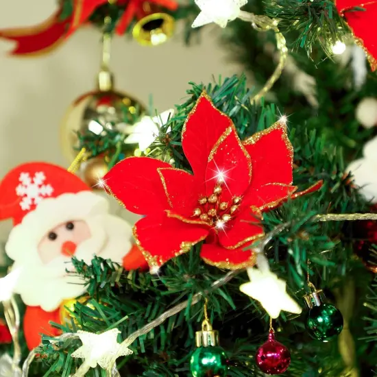 Kitcheniva Glittered Poinsettia Flowers Christmas Hanging Ornaments 5 Pcs Red {5}