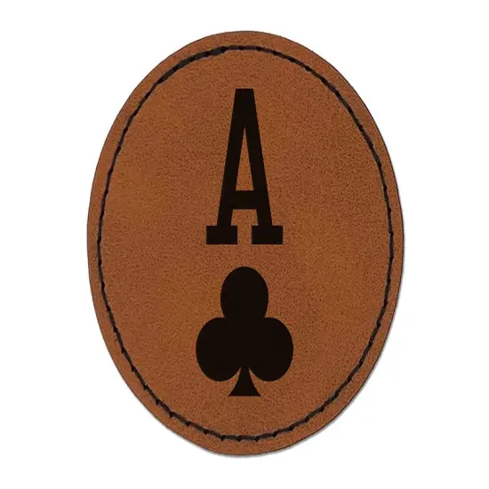 Ace of Clubs Card Suit Round Iron-On Engraved Faux Leather Patch Applique - 2.5" Brown {1}