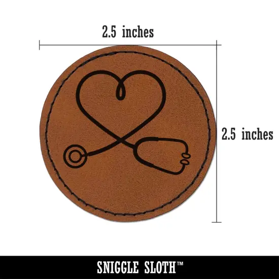Nurse Doctor Heart Shaped Stethoscope Round Iron-On Engraved Faux Leather Patch Applique - 2.5" Brown {3}