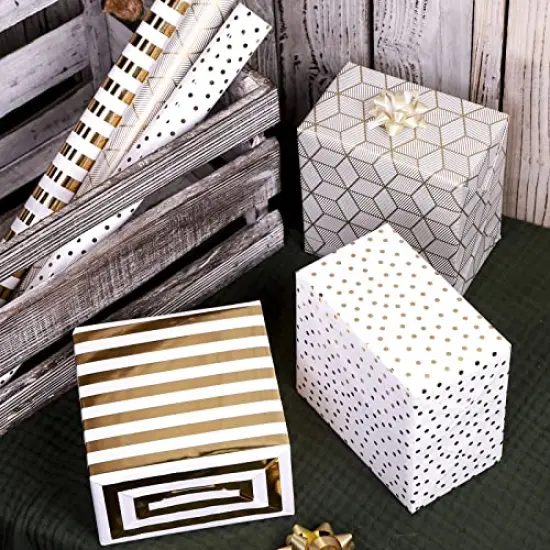 Wrapping Paper Roll for Birthday - Mini Roll - 17 inch X 120 inch Per roll - White & Gold Foil Design (42.3 sq.ft.ttl) {5}