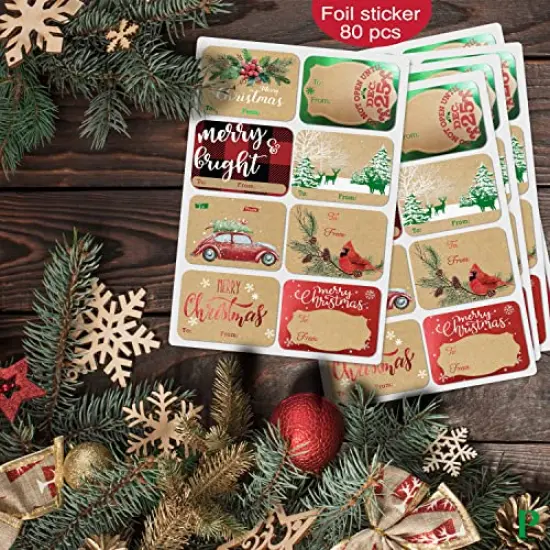 80-Count Foil Kraft Christmas Tags Sticker,8 Jumbo Designs - Xmas to from Christmas Stickers Name Tags Write On Labels - Holiday Present Labels {4}