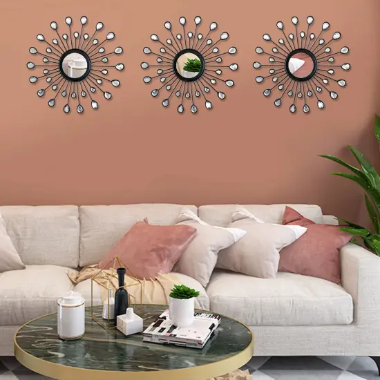 3 Pack Metal Wall Mirrors Rhinestones Starburst Mirror Set Bling Home Decorative Hanging Wall Art for Living Room Bedroom-Water-Drop Burst Black {5}