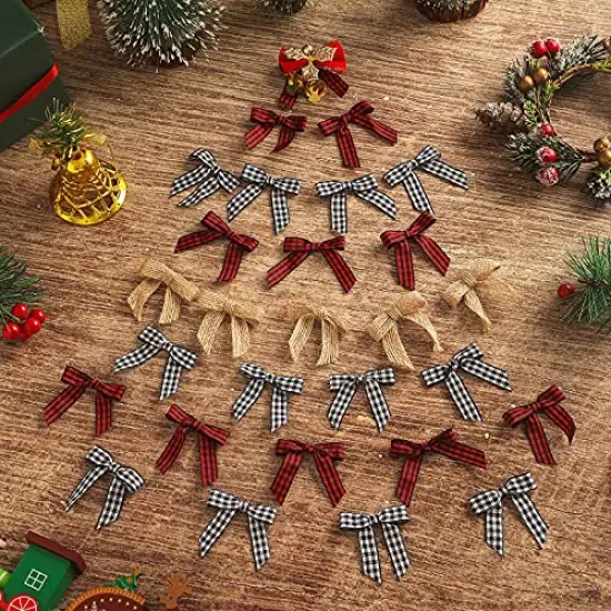 Christmas Mini Burlap Bow Buffalo Plaid Bow White and Black Checkered Bows Red and Black Gingham Ribbon Bows Farmhouse Home Decoration for Christmas Tree DIY Crafts, 3 Colors (120 Pieces) {4}