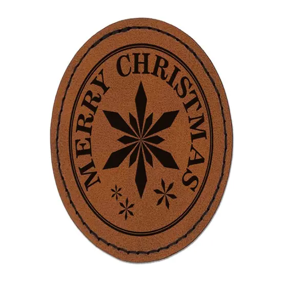 Merry Christmas Holiday Snowflake Round Iron-On Engraved Faux Leather Patch Applique - 2.5" Brown {1}