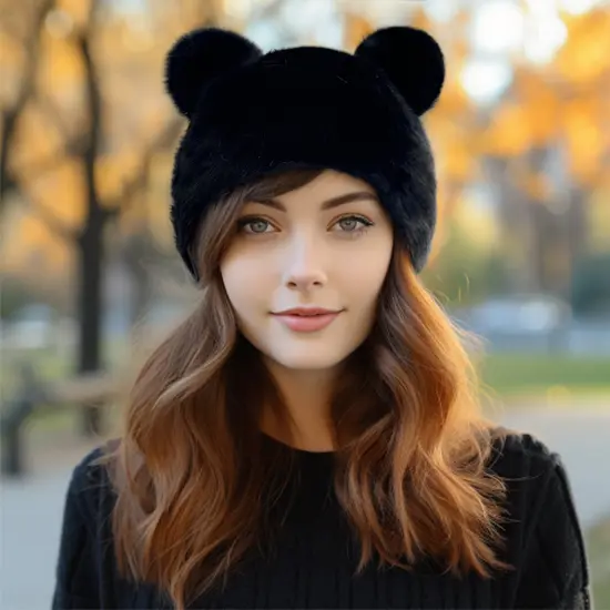Wrapables Faux Fur Fluffy Bear Ears Winter Beanie Hat, Black {4}