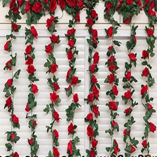 2 Pack (16FT) Artificial Rose Vine Flowers Plants Fake Flower Vine for Wedding Home Party Garden Craft Art Decor Red {1}