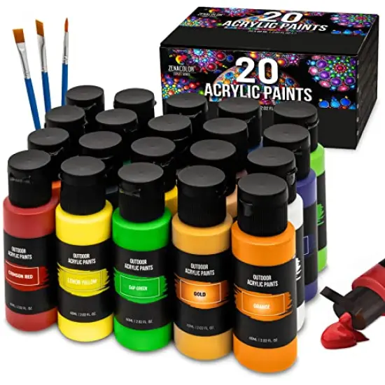 Outdoor acrylic paint set (2 fl oz)- 20 Tubes 2 with Glow in the Dark Effect - Art supplies for Adults - For multiple use- Woods, Leather, Metal & Fabric Paint & Paint for rocks Outdoor/Craft paint {1}