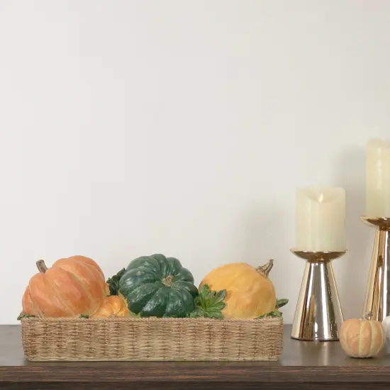 Northlight Faux Rattan Basket with Pumpkins Thanksgiving Decoration - 15" Orange {3}