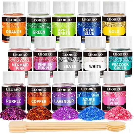 15 Colors Craft Glitter for Resin, with 5PCS Mixing Spoon, Cosmetic Glitter for Nail Body Eye Face, Resin Glitter Flakes Sequins for Tumbler Jewelry Crafts Making {2}