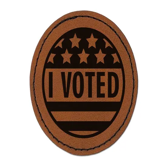 I Voted Patriotic Stars and Stripes Round Iron-On Engraved Faux Leather Patch Applique - 2.5" Brown {1}